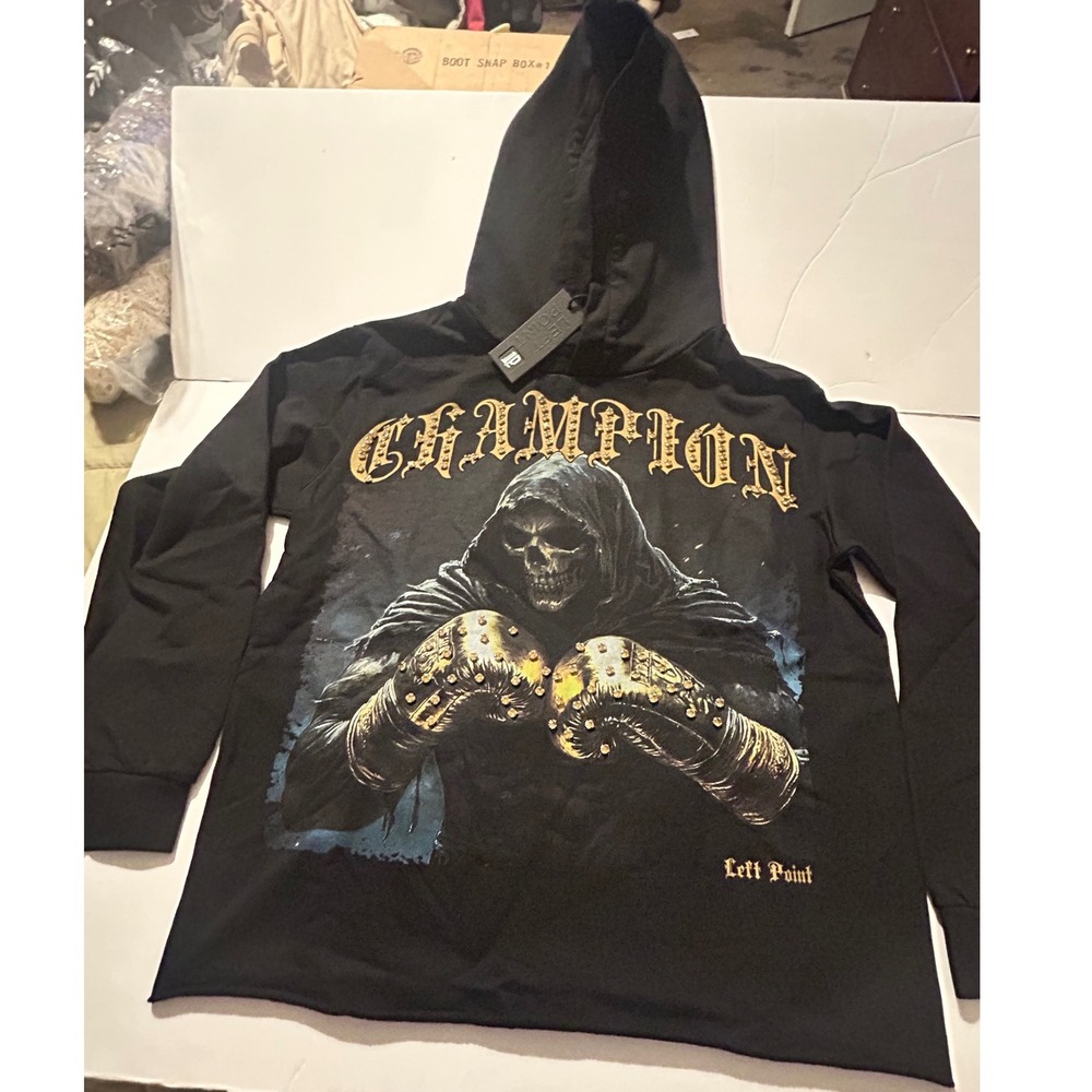 Left Point Mens Black Rhinestone Grim Reaper Boxing Champion Graphic Hoodie M